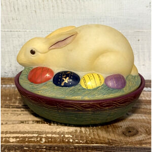 Vintage Fenton Art Glass Painted Easter Bunny Rabbit Egg Nest Candy Dish Signed